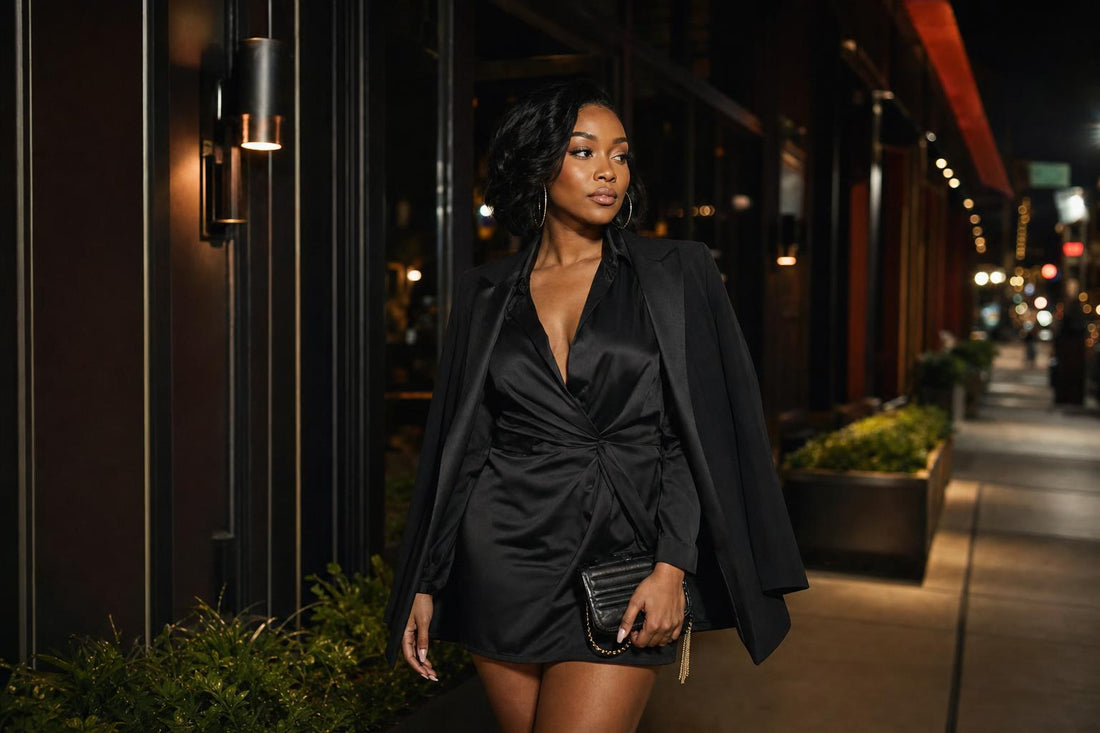 Black woman in a black satin mini dress with metallic heels for a night out — After Nine Collection