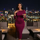 Burgundy ruched bodycon midi dress with elegant boat neckline