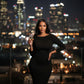 Black ruched bodycon midi dress with boat neckline and figure-enhancing fit