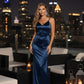 Midnight Allure Backless Satin Maxi Dress in Peacock Blue — front view, body-skimming satin silhouette