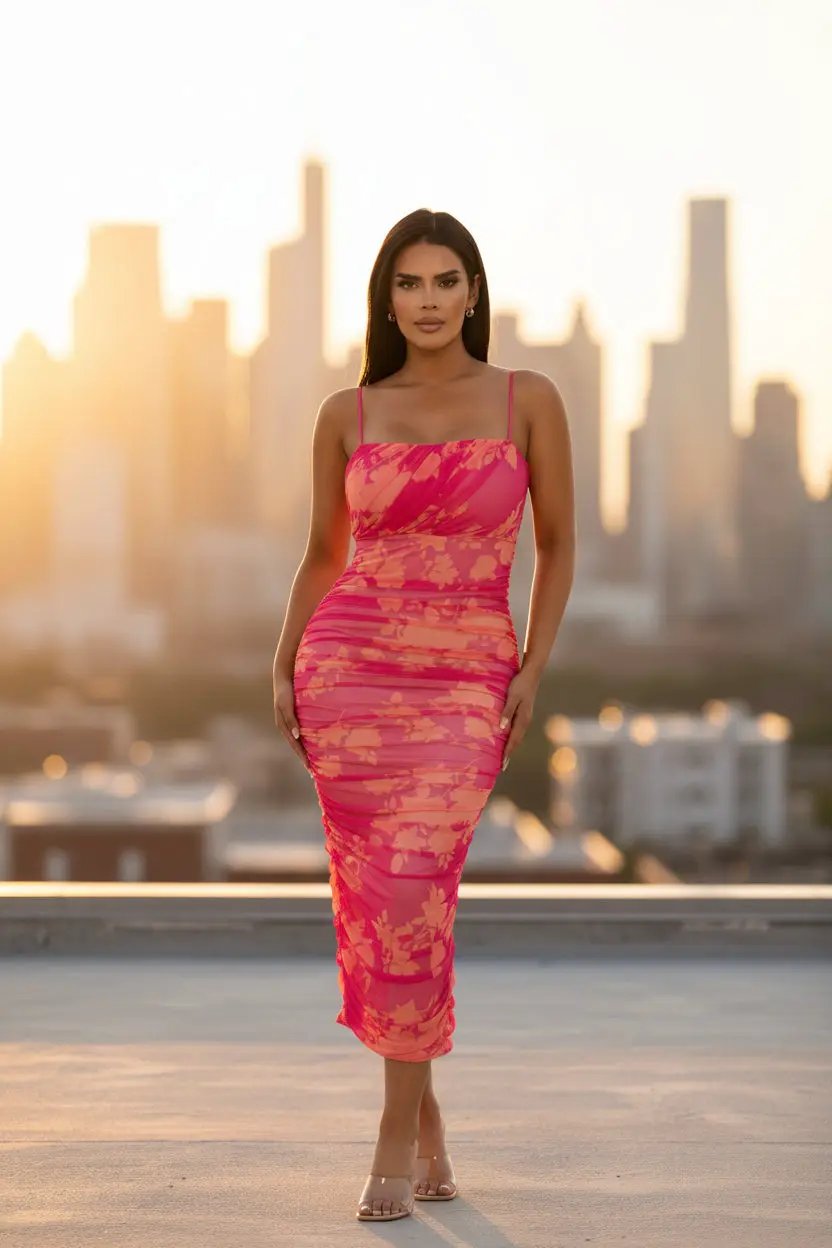 Sunset Bloom Ruched Mesh Midi Dress