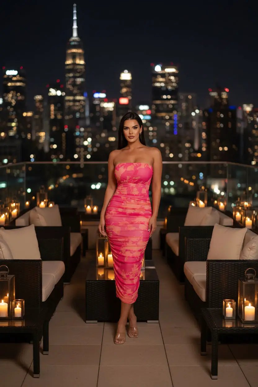 Sunset Bloom Ruched Mesh Midi Dress