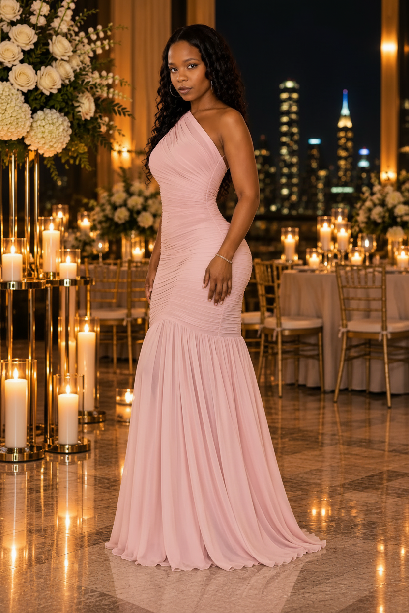 A woman stands in a formal event hall wearing a one-shoulder floor-length pink gown. The background features lit candles, floral arrangements, dining tables, and a nighttime city skyline reflected in the polished floor.