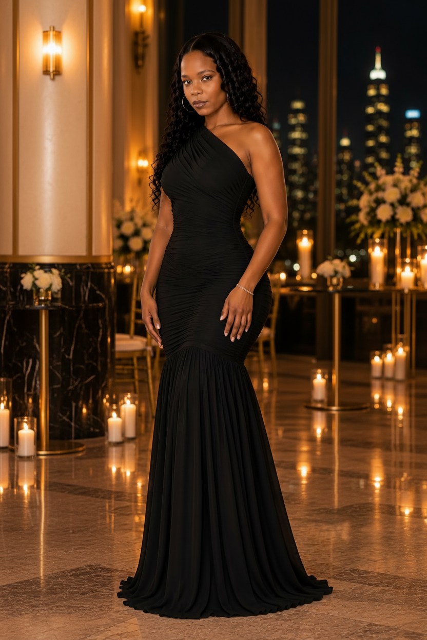 A woman stands in a grand, candle-lit event space wearing a floor-length black one-shoulder gown with a fitted bodice and flared mermaid-style skirt. Tall floral arrangements, lit candles, and city skyline windows are visible in the background.