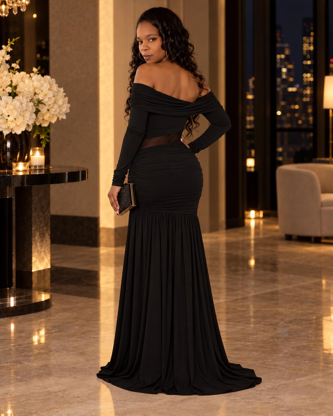 The Grand Reveal Off-Shoulder Ruched Maxi Dress