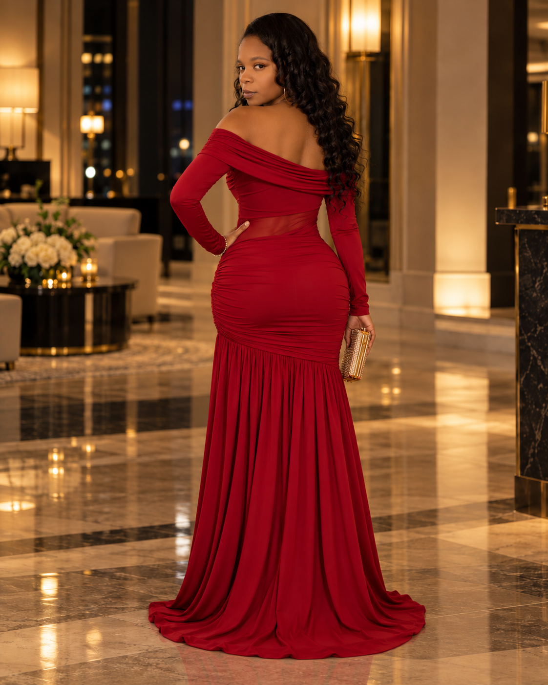 The Grand Reveal Off-Shoulder Ruched Maxi Dress