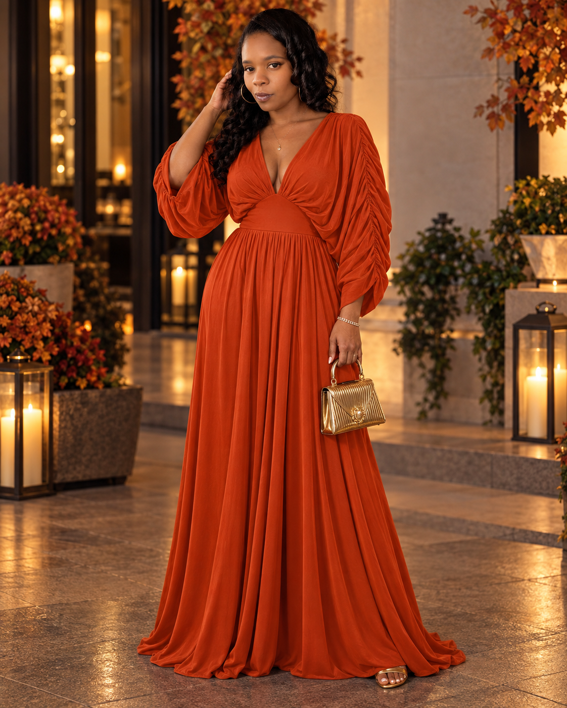 The Ember Hour Burnt Orange Ruched Maxi Dress