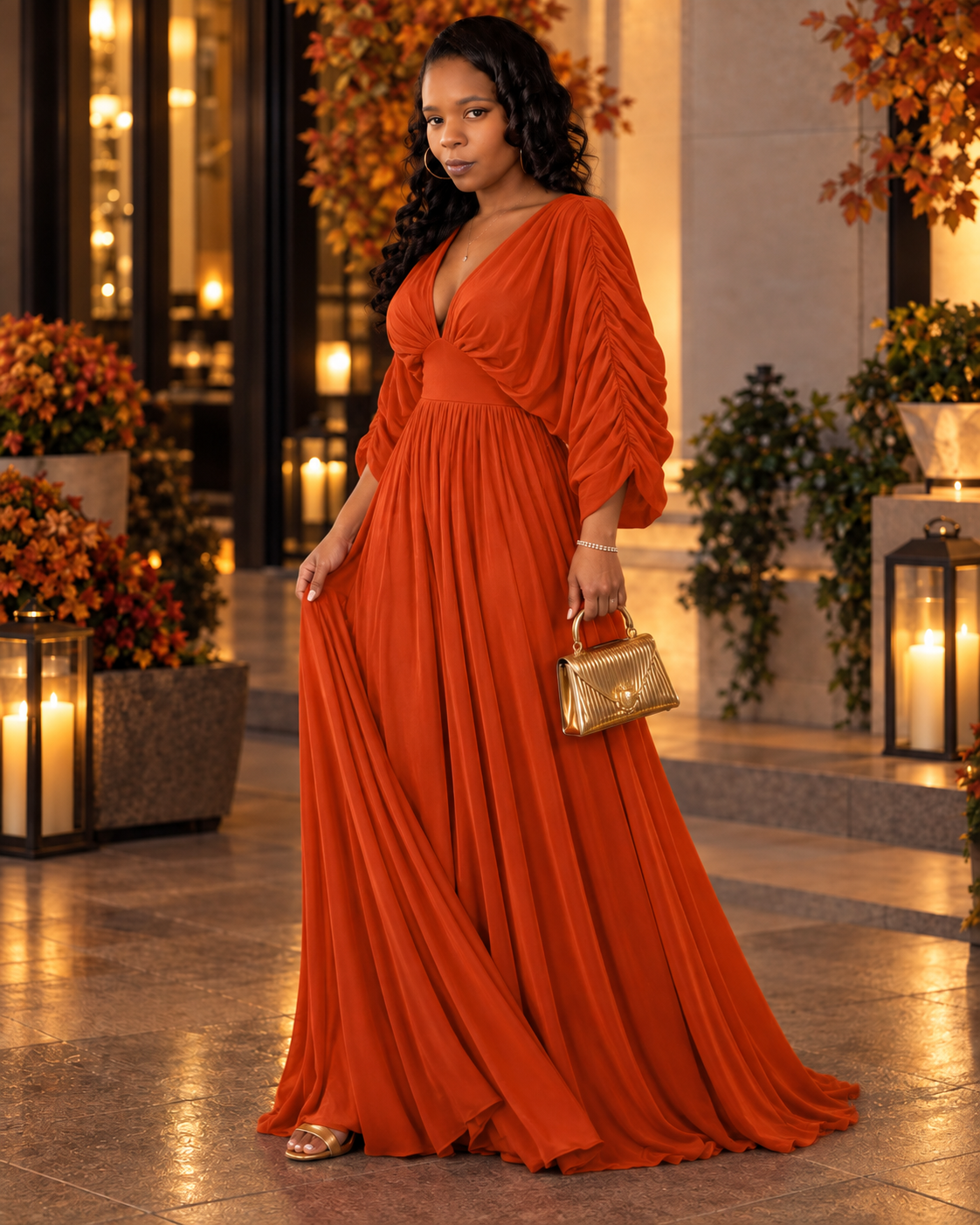 The Ember Hour Burnt Orange Ruched Maxi Dress