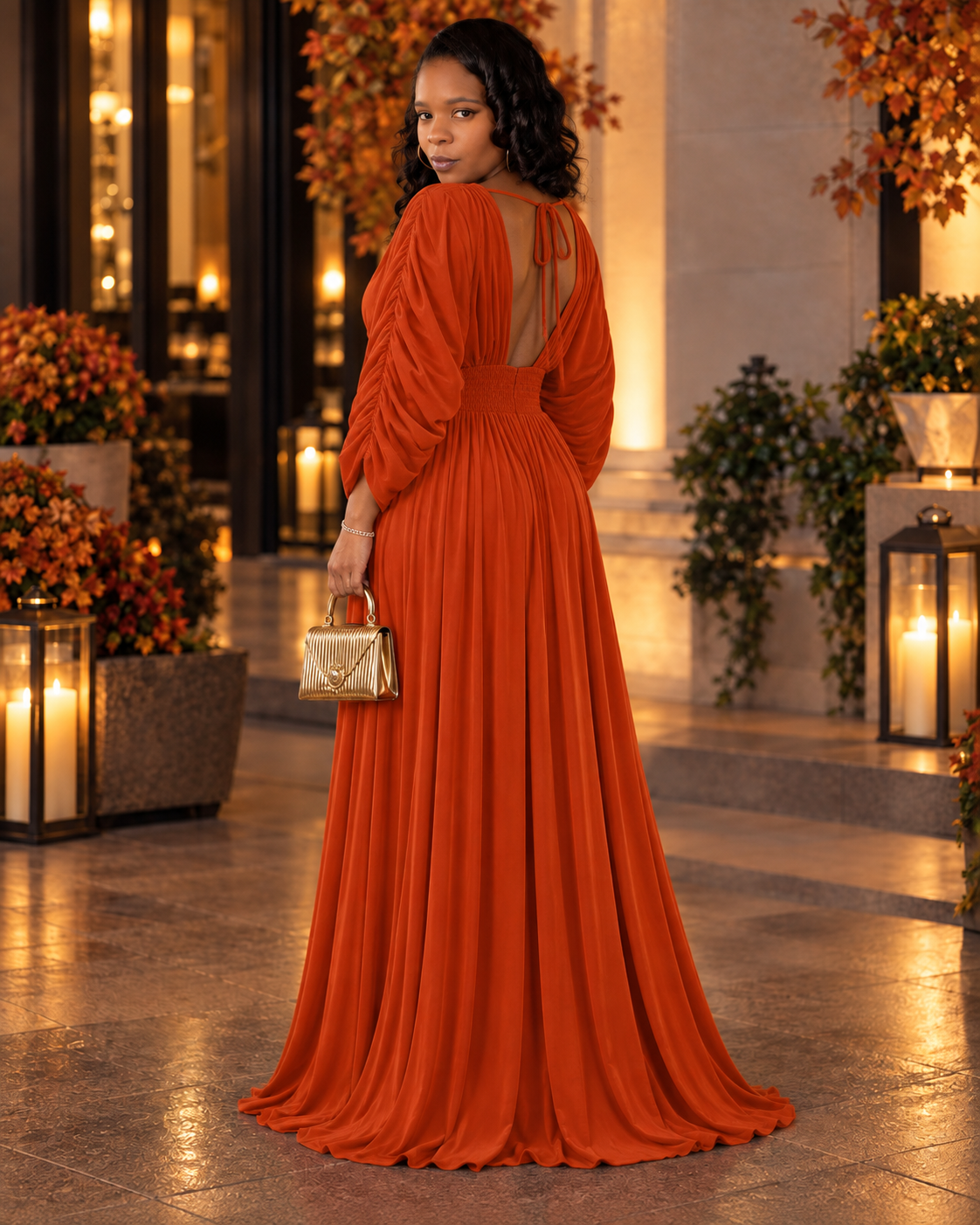 The Ember Hour Burnt Orange Ruched Maxi Dress