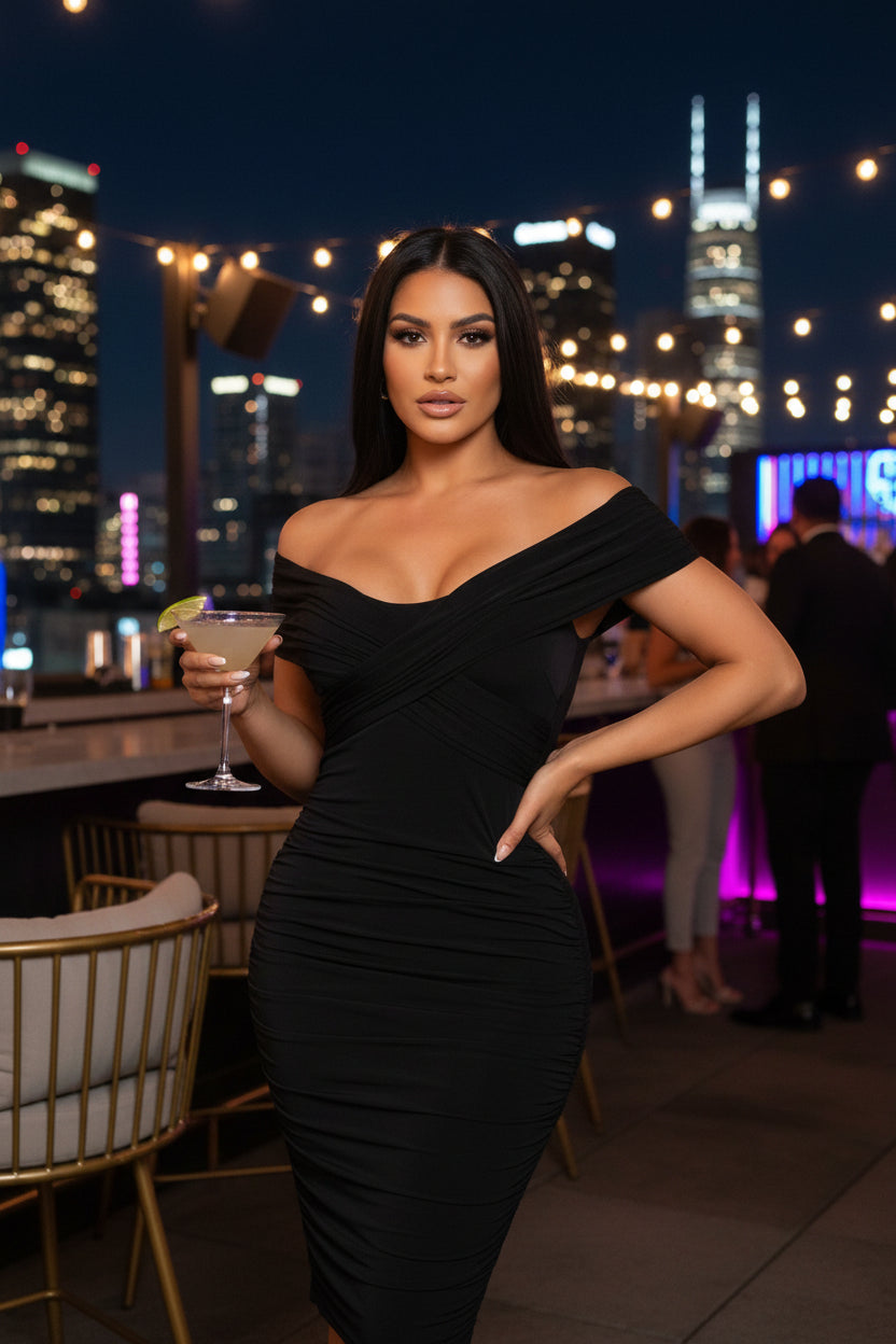 Off-Shoulder Ruched Black Midi Dress