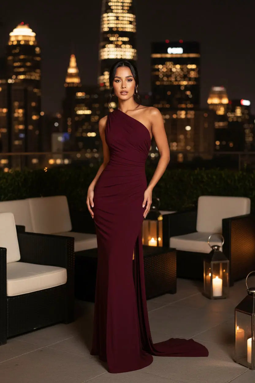 The Bordeaux One-Shoulder Maxi Dress