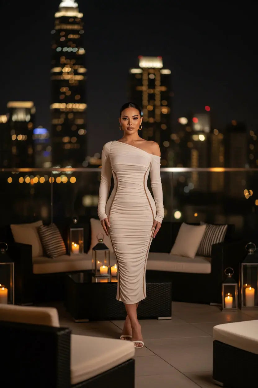 The First Impression One-Shoulder Mesh Midi Dress