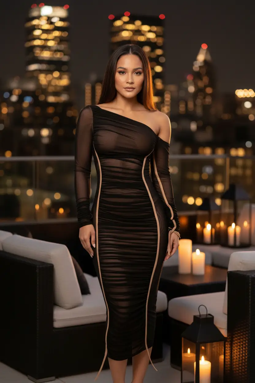 The First Impression One-Shoulder Mesh Midi Dress