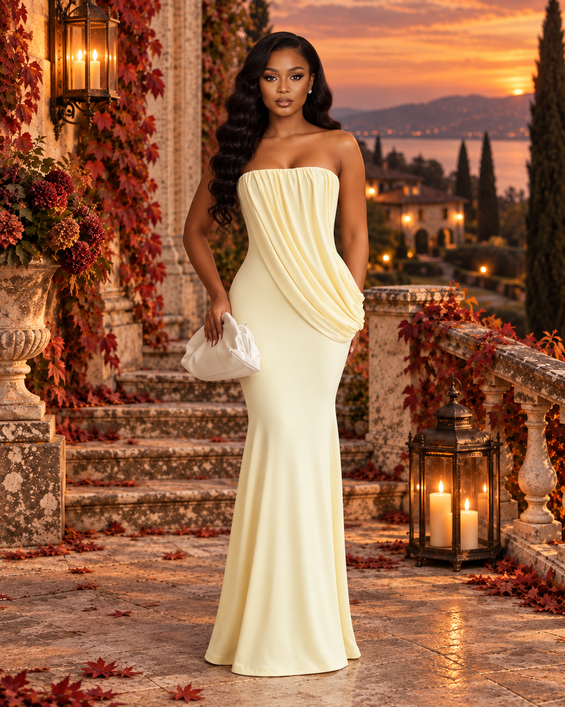 The Autumn Muse Strapless Maxi in cream front, with asymmetric draping