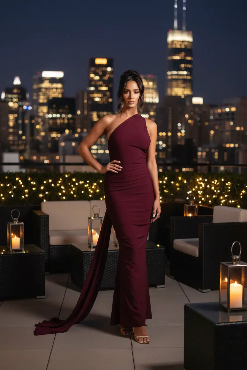 The Bordeaux One-Shoulder Maxi Dress