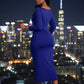 back , side 
 view of dark blue curve-hugging ruched midi dress for a night out